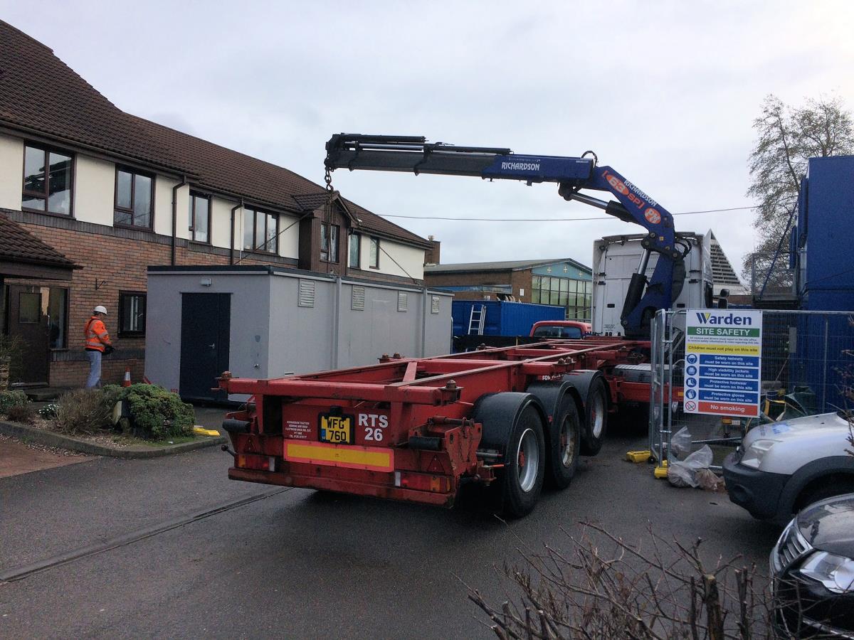 One of our emergency kitchens being delivered. The unit can be connected to services or self contained.